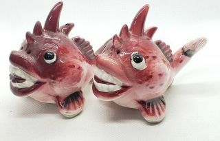 Vintage Anthropomorphic Red Fish Teeth Salt N Pepper Shakers Japan Ocean Deep