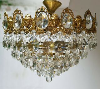 Antique Vintage Brass & Crystals Low Ceiling Cherub Unique Chandelier Lamp Light
