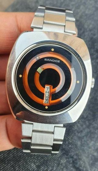 Stunning Ultra Rare Sandoz Mystery Orange Dial 25 Jewels Automatic Watch - Nos