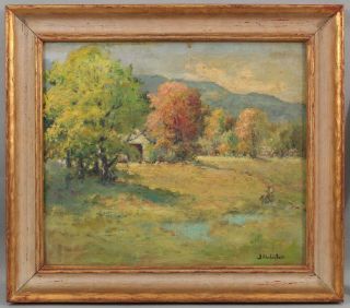 Antique J.  Huliston American Impressionist Country Farm Landscape Oil Painting