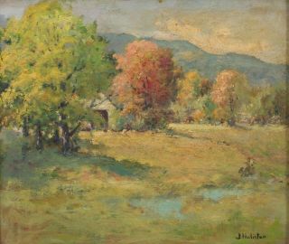 Antique J.  HULISTON American Impressionist Country Farm Landscape Oil Painting 3
