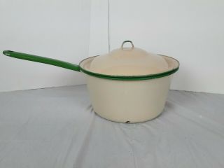 Vintage Enamelware Cream With Green Large Sauce Pan With Lid 9 " X 5 " Tt
