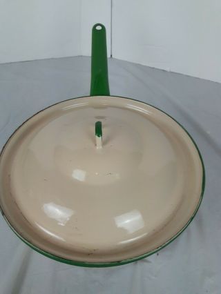 Vintage Enamelware Cream with Green Large Sauce Pan with Lid 9 