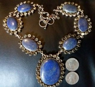 Antique Lapis Necklace Sterling Silver Museum Quality Chunky Blue Stones 2