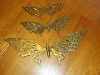 Vintage Solid Brass Set Of 3 Butterfly Wall Hangings Mid Century Modern