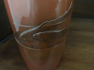 Japanese Nogawa Metal Red Patinated Bronze Vase Fish Koi Japan 2