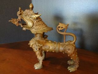 10 " Lg Bronze Chinese Foo Dog Guardian Lion Dragon Statue Sculpture Metalware