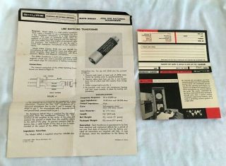 1960 ' s Vintage Shure A95A XLR Line Matching Transformer W/Adapter Instructions 2