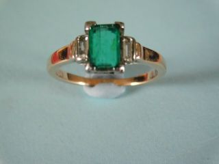Antique 14ct Gold Emerald & Diamond Ring - Large Emerald & Baguette Diamonds