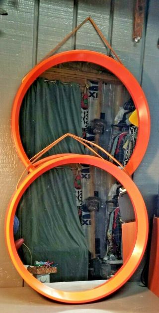 Spejle Mid Century Danish Modern Mirror Pair Round Orange Plastic Mod