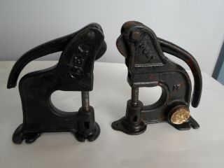 (2) Vintage Rex Cast Iron Rivet Punch Tool Leather Bench Mount Patent 1900