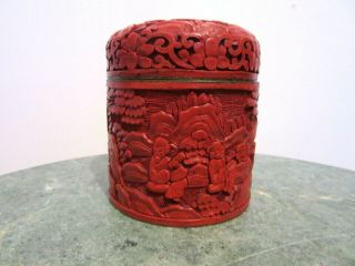 Antique Chinese Cinnabar Lacquer Enamel Humidor Jar Box Carved Scenes