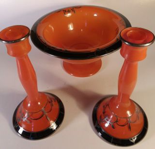 Vintage Czech Hand Painted Orange Glass Bowl And Candle Holders