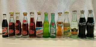 13 Vintage Miniature Soda Pop Bottles With Caps,  Empty Dr Pepper & Coca - Cola