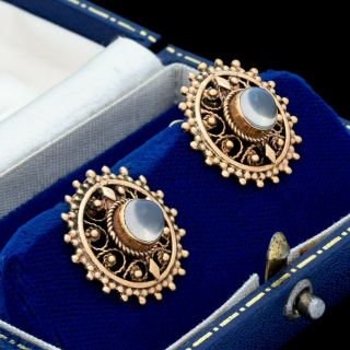 Antique Vintage Art Nouveau 14k Yellow Gold Etruscan Moonstone Cluster Earrings
