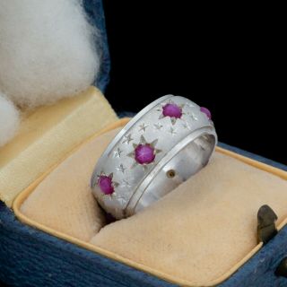 Antique Vintage Art Deco 18k White Gold Red Star Ruby Wedding Band Ring Sz 6.  75