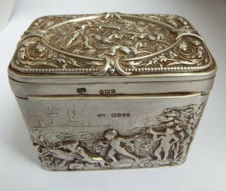 Lovely Heavy English Antique 1902 Solid Silver Tea Caddy Box With Hunting Scene