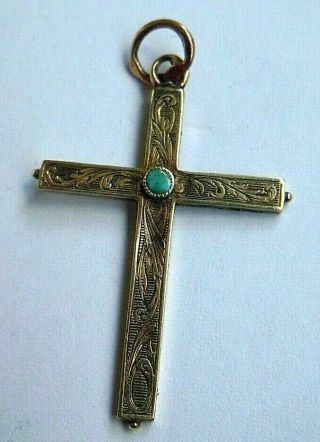 Faberge Antique Imperial Russian Gold Cross Pendant With Turquoise Stone,  56 Gold