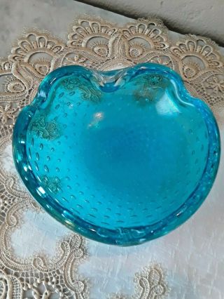 Vintage Mid - Century Murano Art Glass Turquoise Blue Controlled Bubble Ashtray