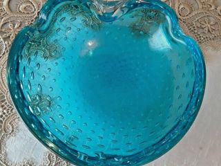 Vintage Mid - Century Murano Art Glass Turquoise Blue Controlled Bubble Ashtray 2