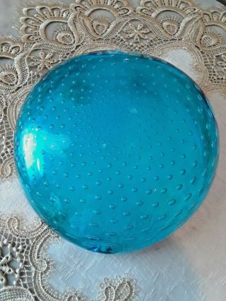 Vintage Mid - Century Murano Art Glass Turquoise Blue Controlled Bubble Ashtray 3