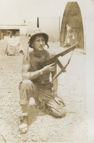 Vtg 1944 Photo Ww2 Us Navy Sailor Poses With His Thompson Tommy Sub Machine Gun