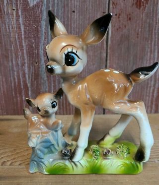 Vintage Anthromorphic Ceramic Deer And Fawn Sitting On Stump Figurine Japan
