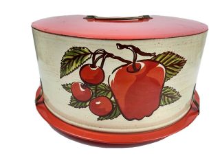 Vintage Decoware Red Apples & Cherries Mid Century Metal Cake Carrier Saver Usa
