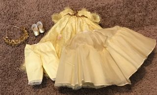 Vtg Yellow Gold Dress Gown Clothes For 14” Tiara Net Skirting Pantaloons Shoes