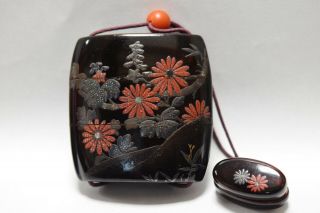 Rare Japanese Antique Lacquered Wooden Makie Ornamental Box Inro Netsuke (b151)