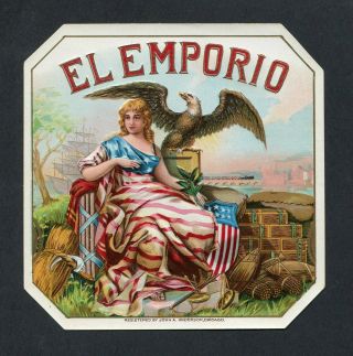 Old El Emporio Cigar Label - Woman,  Flag,  Eagle,  Ship,  Shield,  Tobacco
