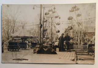 Vintage Real Photo Postcard Rppc Carnival And Crowd Ferris Wheels,  Carousels 10c