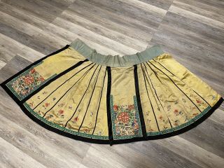 Colorful Antique Chinese Yellow Silk Skirt With Vibrant Flowers Qing Period