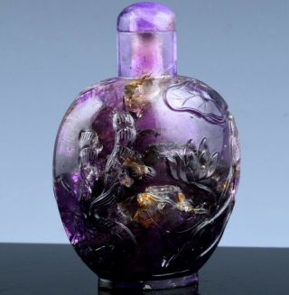 Fine 19thc Chinese Carved Amethyst Rock Crystal Lotus Fish Pond Snuff Bottle