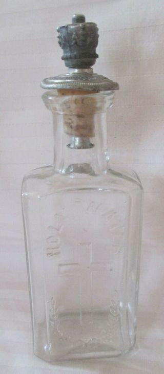 Antique Vintage Holy Water Bottle Glass Embossed Cross 4” W/stopper