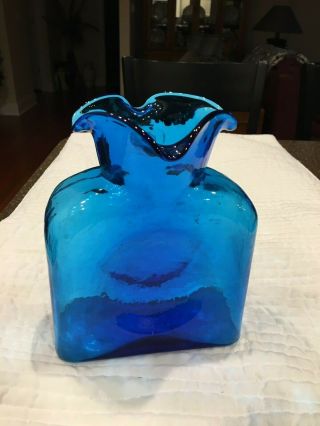 Vintage Blenko Glass Cobalt Blue 4 - Side Spout Pitcher - Carafe - Vase With Label