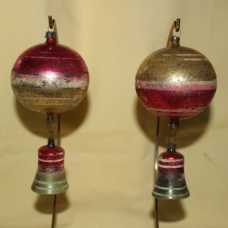 Antique Vintage Pair Glass Holiday Xmas Ornaments Balls W/attached Bells
