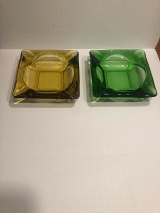 Mid Century Retro Clear Amber Green Thick Heavy Glass Square Ashtrays 6 Inches 2
