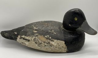 Rare 19thc Antique Carved Wood Signed Bluebill Duck Decoy Swivel Head Glass Eyes