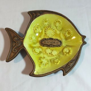 Vintage Treasure Craft Hawaii Yellow Glaze Pottery Fish Hawaii Ashtray Dish