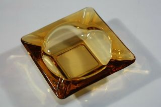 Vintage Amber Glass Square Cigar Ashtray Mid Century Thick 6 " Large