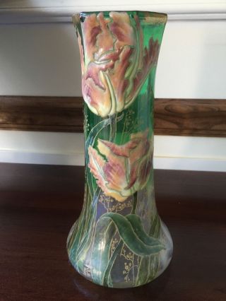 Mont Joye,  Fancy Tulip Emerald On Clear,  Art Glass Caked Enameled Vase,  Rare.