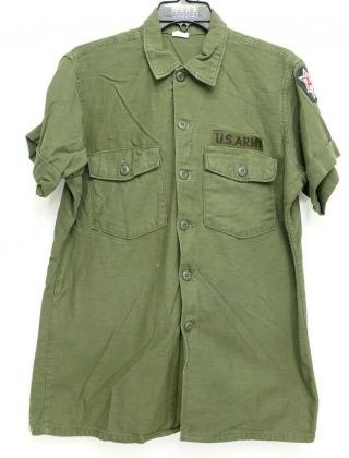 Vintage Mens 6th Army Patched Green Utility Fatigue Short Sleeve Shirt 16 1/2