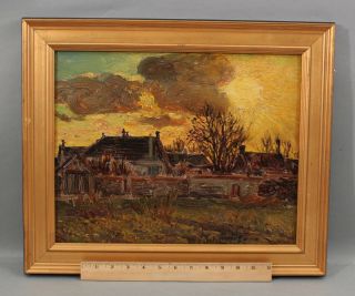 19thc Antique Signed Tonalist Sunset Farm Landscape Impressionist Oil Painting
