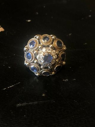 Antique 14k Unusual Large Cocktail Ring With Blue Stones