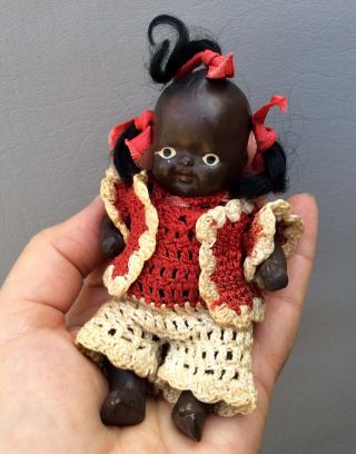 Small 4.  5” Antique Painted All Bisque Black African American Baby Doll Pigtails