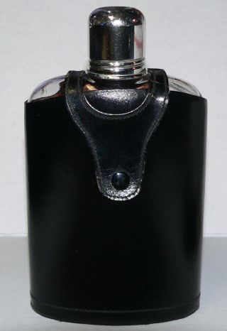 Vintage Black Top Grain Cowhide Leather Covered Clear Glass Whiskey Flask Read H