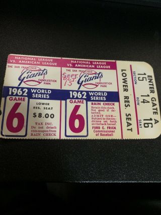 Vintage 1962 World Series York Yankees @ San Francisco Giants Ticket Game 6