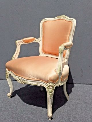 Vintage French Provincial White Carved Wood Accent Arm Chair Coral