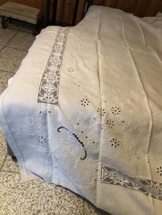 Vintage Light Beige Linen Tablecloth W/ Cutwork & Embroidery (approx) 144 X 72